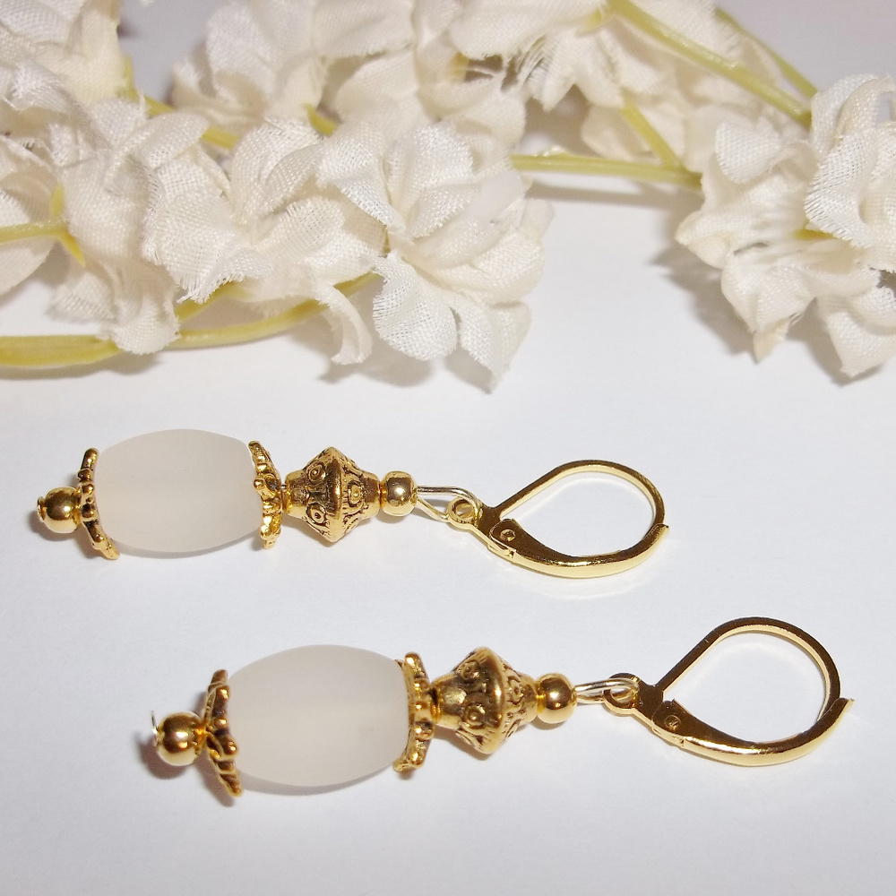 Earring Set White Frost Beach Glass & Gold 4542 - Picture 3 of 6